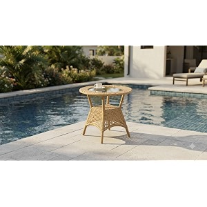 grand living outdoor wicker patio garden table glass top and storage shelf weather-resistant for terrace lawnamp balcony beige table