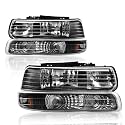 GRAND ORANGE Front Headlight Bumper Lights Lamps 4pcs Compatible with Chevy Silverado 99-02/ Compatible with Chevy Suburban 2000-2006 Headlights Assembly Clear lens Black Housing Amber Reflector