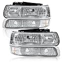 GRAND ORANGE Headlight Assembly Compatible with Chevy Silverado 1999-2002 Chrome Housing Amber Corner Headlight Assembly Upper+Lower
