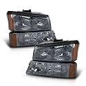 GRAND ORANGE Headlights Assembly Bumper Lamps Compatible with Chevy Silverado Avalanche 2003-2006 Chrome Housing Clear Corner Set 4pcs