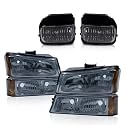 GRAND ORANGE Headlights Chrome Smoked + Bumper Lamp + Fog Lights Combo Set Compatible With 2003 2004 2005 2006 Chevy Silverado Avalanche 1500/2500/3500 Pickup