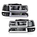 GRAND ORANGE LED DRL Headlights Assembly Compatible with Chevy Silverado 1500 2500 1999-2002, Fit Chevy Suburban Tahoe 2000-2006 Left &amp; Right, Clear Lens Black Housing Clear Reflector
