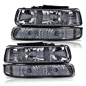 GRAND ORANGE Pair Headlight Assembly Compatible with Chevy Silverado 1999-2002 / Fit Suburban Tahoe 2000-2006 Smoky Lens Chrome Housing Amber Reflector