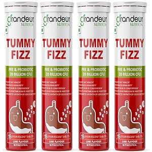 grandeur tummy fizz prebiotic and probiotic supplement for gut health digestion bloating immunity and metabolism  with 20 billion cfu amp 6 unique strains  60 effervescent tabs 