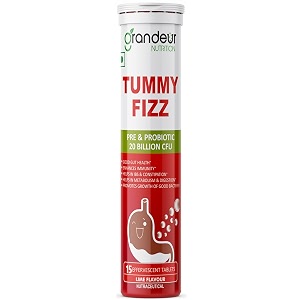 grandeur tummy fizz prebiotic and probiotic supplement for gut health digestion bloating immunity and metabolism  with 20 billion cfu amp 6 unique strains  15 effervescent tabs 