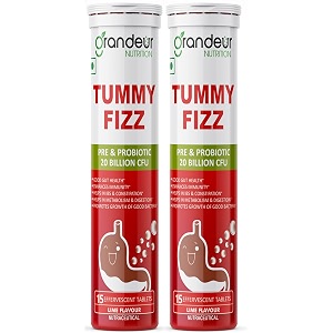 grandeur tummy fizz prebiotic and probiotic supplement for gut health digestion bloating immunity and metabolism  with 20 billion cfu amp 6 unique strains  30 effervescent tabs 