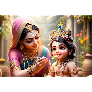 graphic word bal krishna with mother yashoda poster  cute baby krishna devotional wall art for living room kids room amp pooja room  premium spiritual home decor hd poster for living room bedroom office 300 gsm unframed wall poster multicolour 12 x 18 inch