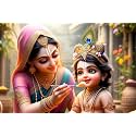 Graphic Word Bal Krishna with Mother Yashoda Poster | Cute Baby Krishna Devotional Wall Art for Living Room, Kids Room &amp; Pooja Room | Premium Spiritual Home Decor HD Poster for Living Room, Bedroom, Office 300 GSM Unframe