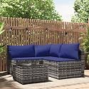 Gray and Dark Blue Outdoor Sofa Set with Adjustable Feet, Modular Patio Lounge Furniture, Weather Resistant PE Rattan and Powder-Coated Steel Frame, Comfortable Seating