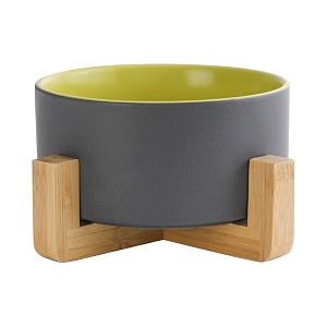 Gray Green Ceramic Dog Bowl with Wood