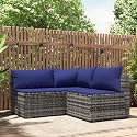 Gray PE Rattan Modular Patio Lounge Set 3-Piece with Blue Cushions, Weather-Resistant Outdoor Sofa Seating for Garden Backyard, Durable Poly Rattan Furniture Set