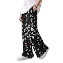 GRECIILOOKS Mens Boho Hippie Harem Pants | Black Printed Wide-Leg Trousers | Koren Streetwear Loose Baggy Fit Summer Lounge Yoga Lowers |Trouser Relaxed Fit for Men