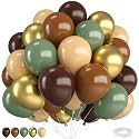 Green and Brown Balloons,12 Inch Sage Green Nude Metallic Gold and Brown Latex Balloons with Ribbon,for Birthday Baby Shower Camo Woodland Jungle Safari Party Decorations
