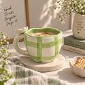 Green Checkered Ceramic Mug with 3D Daisy Flower Handle | Stylish Tea Coffee Cup | Ideal for Green Tea, Coffee &amp; Tea | Elegant Drinkware for Home, Office and Kitchen