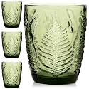 Green Drinking Glasses Set of 4, 10 oz Glass Cups, Vintage Fern Glassware
