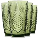 Green Drinking Glasses Set of 4, 16 oz Glass Cups, Vintage Fern Glassware