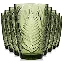 Green Drinking Glasses Set of 8, 12 oz Glass Cups, Vintage Fern Glassware