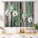 Green Farmhouse Daisy Kitchen Curtains Wooden Flower Small Short Cafe Window Curtains Rustic Floral Butterfly Country Barn Bathroom Drapes Treatment Tier Curtains 2 Panels (27.5x39 Inch)
