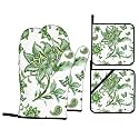 Green Floral Oven Mitts and Pot Holders Sets - White Farmhouse Kitchen Mitts Potholders 4 Pack Heat Resistant Vintage Botanical Oven Gloves Hot Pads for Kitchen Baking Grilling Party