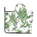 Green Floral Oven Mitts and Pot Holders Sets - White Farmhouse Kitchen Mitts Potholders 2 Pack Heat Resistant Vintage Botanical Oven Gloves Hot Pads for Kitchen Baking Grilling Party