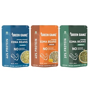 green gainz roasted edamame assorted flavours sea salt masalacheese 100gm each  100 veg high protein snack  no added sugar  non-gmo  rich in fiber  no gluten