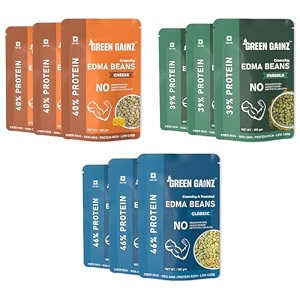 green gainz roasted edamame assorted sea salt masalacheese 9 packs - 100gm each  100 veg high protein snack  no added sugar  non-gmo  rich in fiber  no gluten