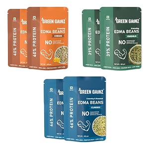 green gainz roasted edamame assorted sea salt masalacheese 6 packs - 100gm each  100 veg high protein snack  no added sugar  non-gmo  rich in fiber  no gluten