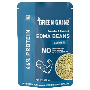 green gainz roasted edamame classic flavour  100gm  100 veg high protein snack  no added sugar  non-gmo  rich in fiber  no gluten