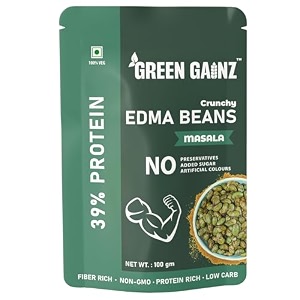 green gainz roasted edamame masala flavour 100gm  100 veg high protein snack  no added sugar  non-gmo  rich in fiber  no gluten