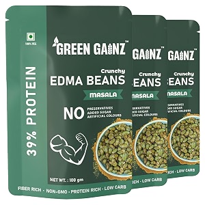 green gainz roasted edma beans edamame masala flavour pack of 3-100gm each 100 veg high protein snack  no added sugar  non-gmo  rich in fiber  no gluten
