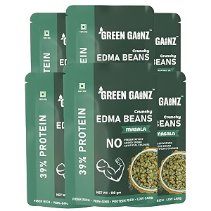 green gainz roasted edma beans edamame masala flavour pack of 6-100gm each 100 veg high protein snack  no added sugar  non-gmo  rich in fiber  no gluten
