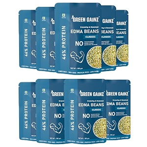 green gainz roasted edma beans edamame classic flavour pack of 9-100gm each  100 veg high protein snack  no added sugar  non-gmo  rich in fiber  no gluten