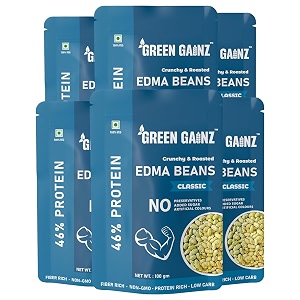 green gainz roasted edma beans edamame classic flavour pack of 6-100gm each  100 veg high protein snack  no added sugar  non-gmo  rich in fiber  no gluten