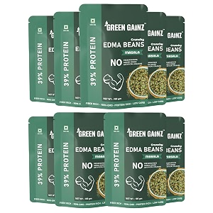green gainz roasted edma beans edamame masala flavour pack of 9-100gm each 100 veg high protein snack  no added sugar  non-gmo  rich in fiber  no gluten