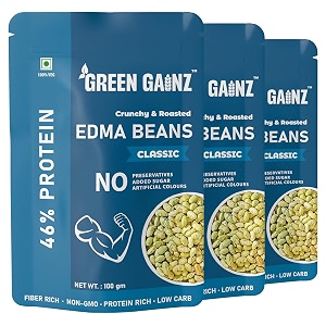 green gainz roasted edma beans edamame classic flavour pack of 3-100gm each  100 veg high protein snack  no added sugar  non-gmo  rich in fiber  no gluten