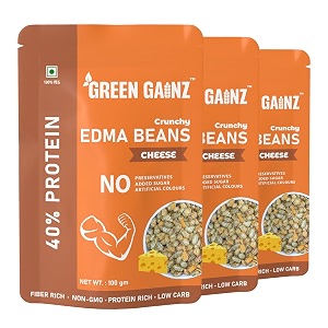 green gainz roasted edma beans edamame cheese flavour pack of 3-100gm each  100 veg high protein snack  no added sugar  non-gmo  rich in fiber  no gluten