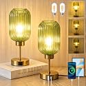 Green Glass Table Lamps Set of 2 with Bulb, Small Touch Beside Lamp with USB Ports, 3 Way Dimmable Desk Lamps, Vintage Gold Nightstand Lamps for Bedroom Living Room, Office, Home Decor