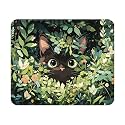Green Leaf Balck Cat Mouse Pad 9.5x7.9 Inch with Anti-Slip Rubber Base