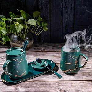 gibox green mug set with lid spoon amp tray  unique ceramic drinkware for men amp women  stylish milkcoffee mug combo with handle  dishwasher safe large tea cups with stirrer  ideal for gifting