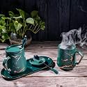 GIBOX Green Mug Set with Lid, Spoon &amp; Tray | Unique Ceramic Drinkware for Men &amp; Women | Stylish Milk/Coffee Mug Combo with Handle | Dishwasher Safe Large Tea Cups with Stirrer | Ideal for Gifting
