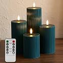 Green Ribbed Flameless Pillar Candles with Remote, Flat Top Flickering LED Wax Battery Candles Set of 4, Φ 3" H 4" 5" 6" 8"