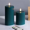 Green Ribbed Flameless Pillar Candles with Remote, 2 Pack Flickering Battery Operated LED Wax Candles Φ 3" H 4" 6"
