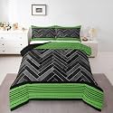 Green Stripes Kids Bedding Sets Gray Black Rectangle Patchwork Reversible Comforter for Boys Vintage Lines Geometric Quilt Set Soft Duvet Insert,1 Pillowcase Toddler Size