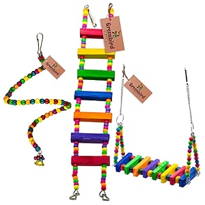 greenbirds combo of 3 bird toys spiral hanging wooden swing amp ladder for bird amp parrot