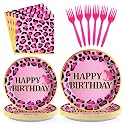 Greencian 96 Pcs Pink Leopard Birthday Party Decorations Serves 24