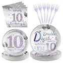 Greencian 96 Pcs Silver Disco 10th Birthday Party Decorations, Serves 24