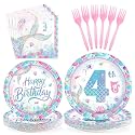 Greencian 96Pcs 4th Mermaid Birthday Party Decoration for Girls, Serve 24