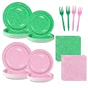 Greencian 96Pcs Pink and Green Witch Party Decoration, Serve 24
