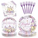 Greencian 96Pcs Princess Birthday Purple Tower Party Supplies Serves 24