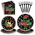 Greencian 96Pcs Winter Let's Get Elfed Up Party Decorations Santa Elf Paper Plates and Napkins Merry Christmas Disposable Tableware for Xmas Elf Party Decorations Supplies Serve 24